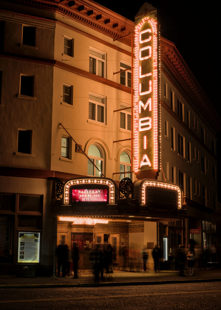 The historic Columbia Theatre in Longview, Washington, celebrating 100 years as a performing arts and live music venue, featuring films, stage performances, and community arts events in a restored century-old theater.