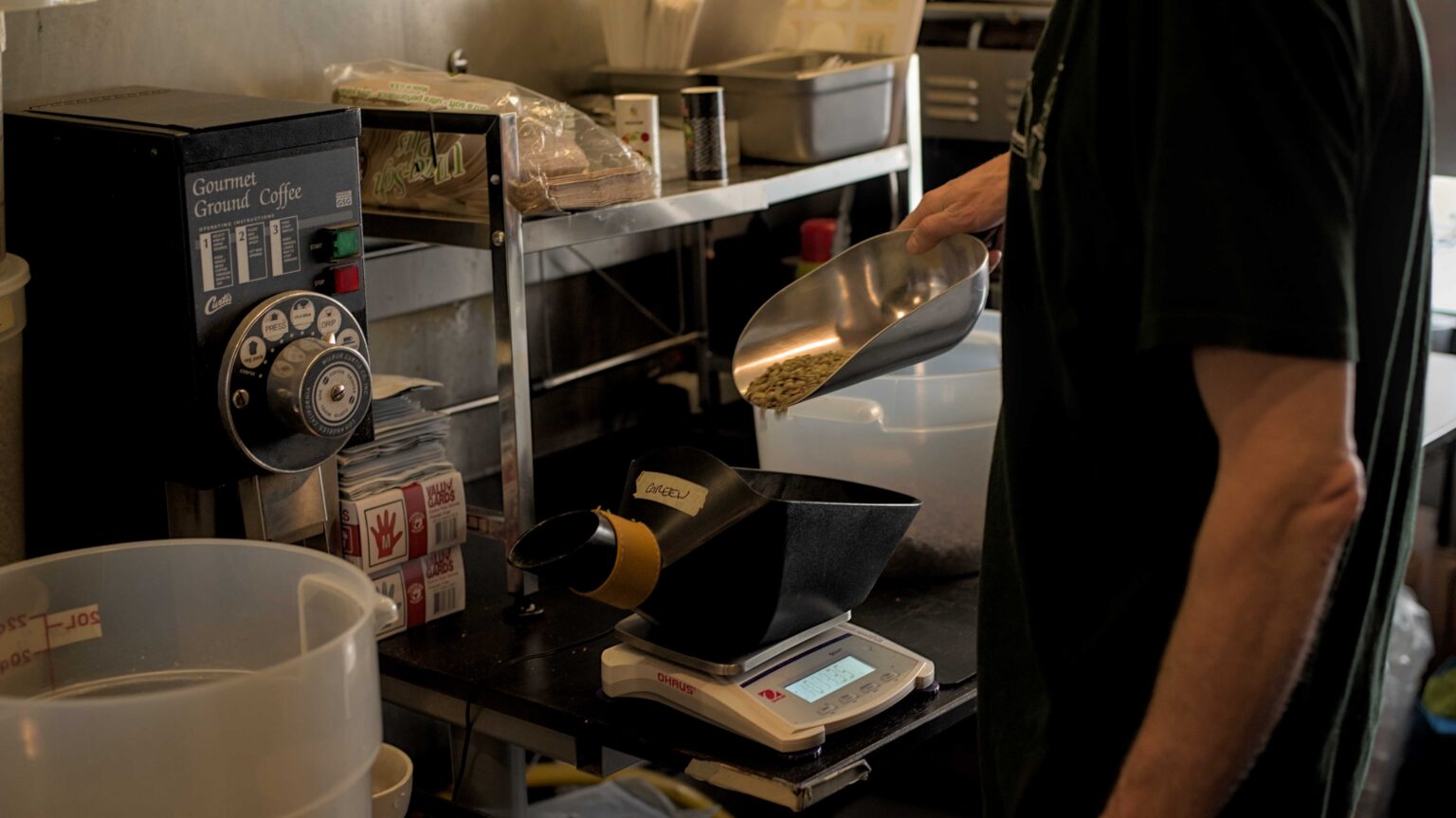 Matt Keebler roasting artisanal coffee beans at Keebler Coffee Roasters in Kelso and Longview, Washington, showing boutique small-batch espresso production with a professional Proaster machine in the Pacific Northwest.